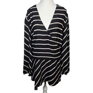 LOFT PLUS Women's Black Beige Stripe Wrap Peplum Blouse Top‎ Size 26 3XL